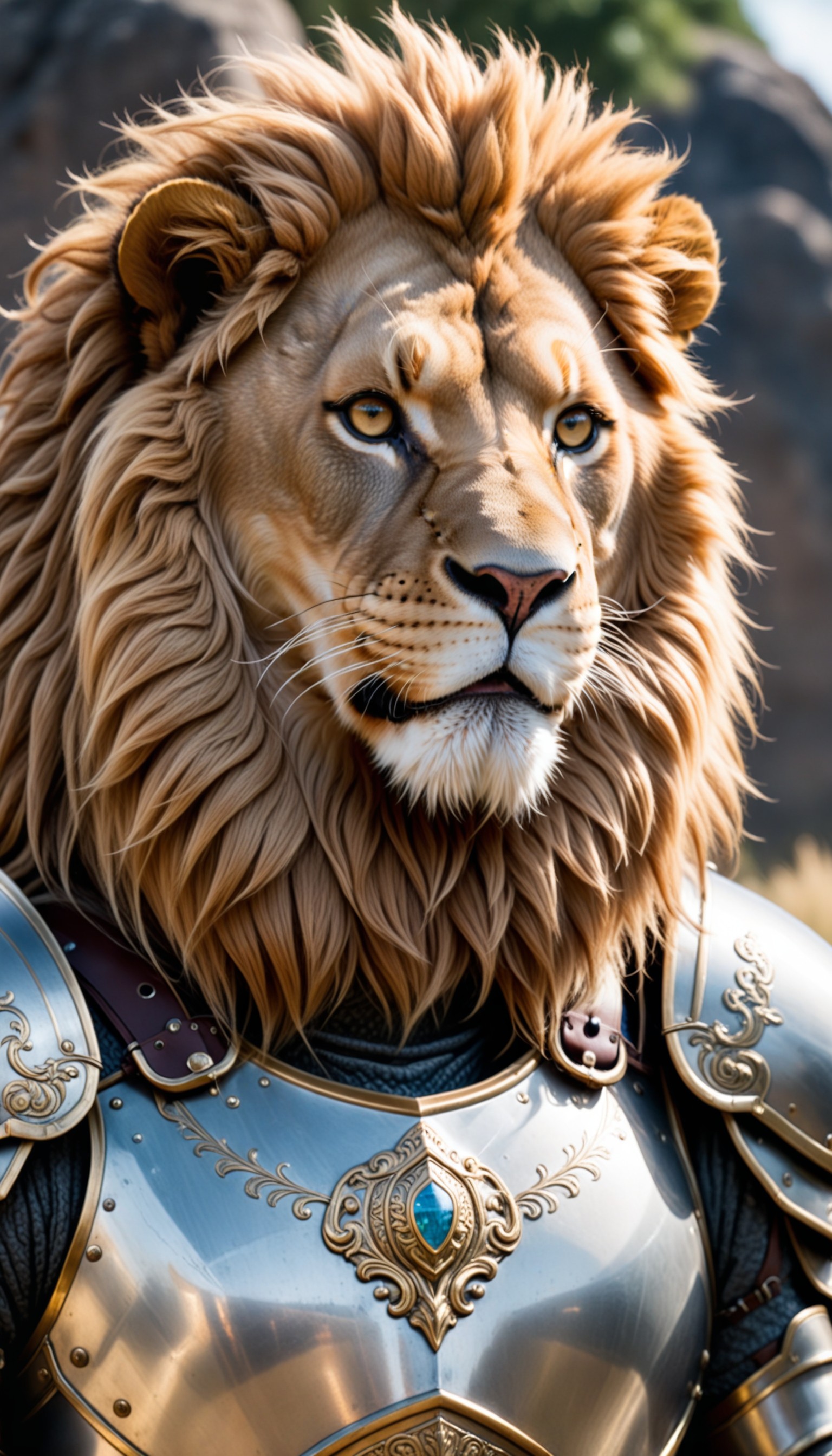 a lion in armor poses for a picture, cinematic close shot XL 0.jpg